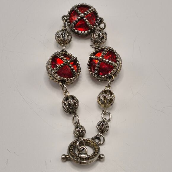 Vintage Medieval Victorian Style Bracelet Silver-tone and Red Stone Toggle Close - Picture 8 of 16
